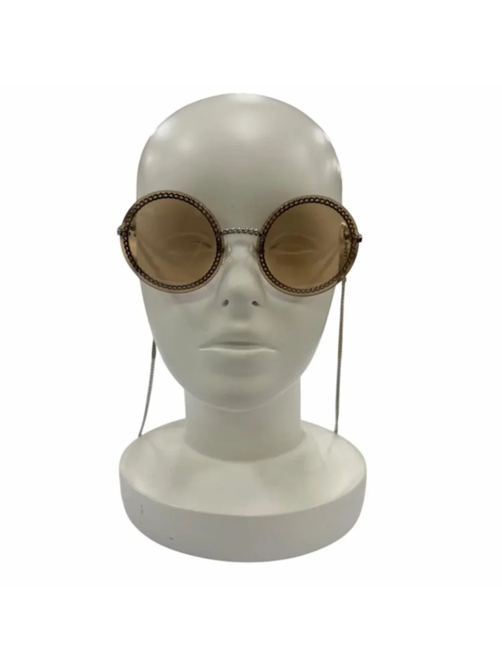 Chanel CC Logo Round Chain Glass Cord Sunglasses Silver Brown Demo Lens Eyewear
